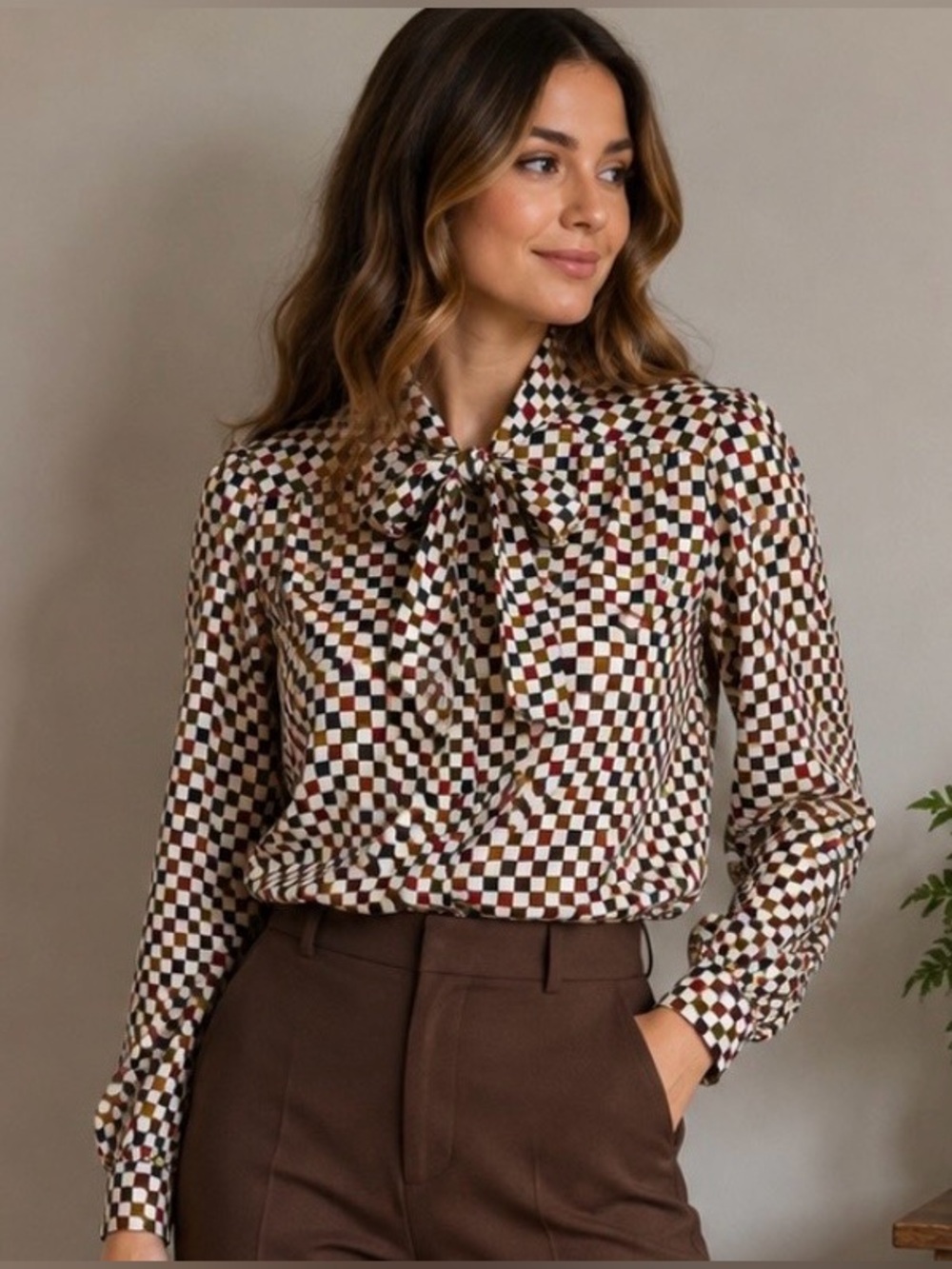 Bow-Tie Neck Checker Print Blouse - Multicolor